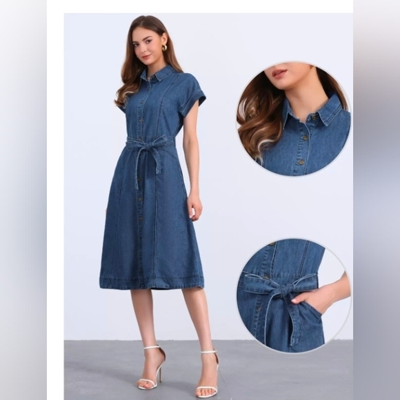 Allegra K Denim Dress for Women's Casual Button Down Short Midi Dress NO BELT - Picture 2 of 6